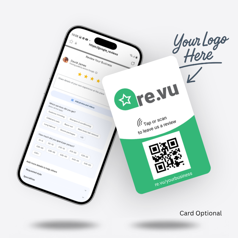 Phone showing a Google review page beside an optional re.vu NFC and QR review card