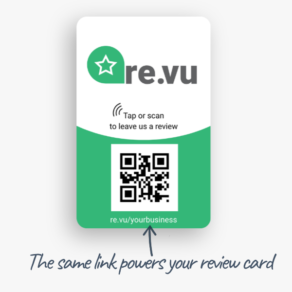 Example re.vu review card showing the short review link printed on the card